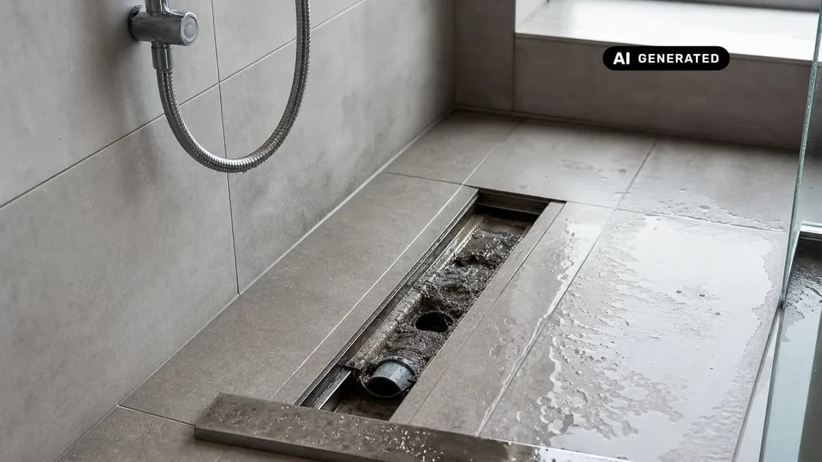 KI-generiertes Bild: Bodengleiche ebenerdige Dusche mit abgenommenem Abflussrost und freiliegendem Siphon-Einsatz während der Reinigung