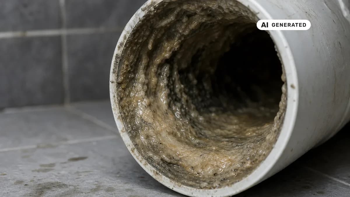 KI-generiertes Bild: Querschnitt eines Abflussrohrs mit sichtbaren Fettablagerungen an den Innenwänden