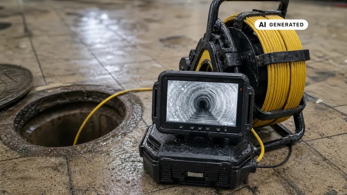 KI-generiertes Bild: Techniker schiebt Kamerakabel in Kanalschacht, Monitor zeigt Rohrinnenaufnahme in Echtzeit